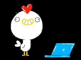 Illustrated gif. A Joonas Joonas chicken bangs its head on the keyboard of a laptop, dead-eyed but smiling.