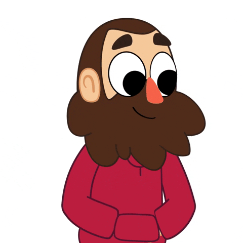 Cartoon gif. A bearded man in a red hoodie glances at us. We zoom out as he gives us a big, eyes-closed grin and a thumbs up. After a second, he nods.