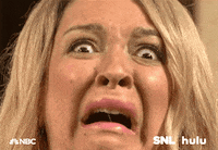 SNL gif. We see a close-up of Maya Rudolph's face. She's wearing a blonde wig and has an expression of extreme horror and fear, her mouth slightly ajar.