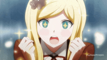 Anime gif. Kaede Akamatsu in Danganronpa 3 is enraptured by us. She stares at us with dazzled eyes and sparkles shimmer around her. She holds her fists up to her face cutely. 
