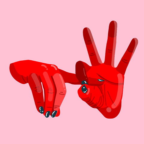 Geïllustreerde gif. In een seksueel suggestief gebaar, een hand die een "o" maakt met duim en wijsvinger terwijl de andere hand een vinger in en uit pompt.