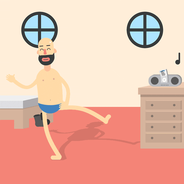 Illustrated gif. Bald man dances jovially, wearing just his underwear, as music plays from a stereo.