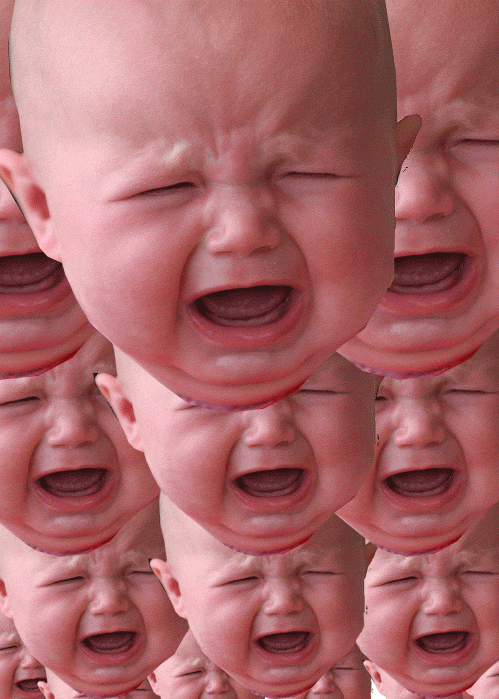 Video gif. Overlapping images of a baby's crying face glitch up and down.