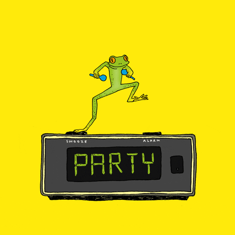 Pohyblivý obrázek s tancující žábou s rumba koulemi na rádiu, na němž bliká nápis "Party". 