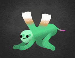 Digital art gif. A green, monkey-like creature with flappy brown wings lopes along in waves.