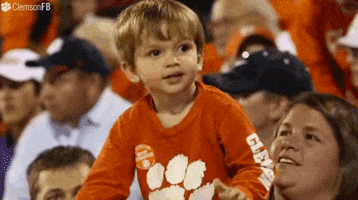 Sports gif. Young boy in the crowd at a Clemson Tigers game is lifted into the air, smiling and clapping.