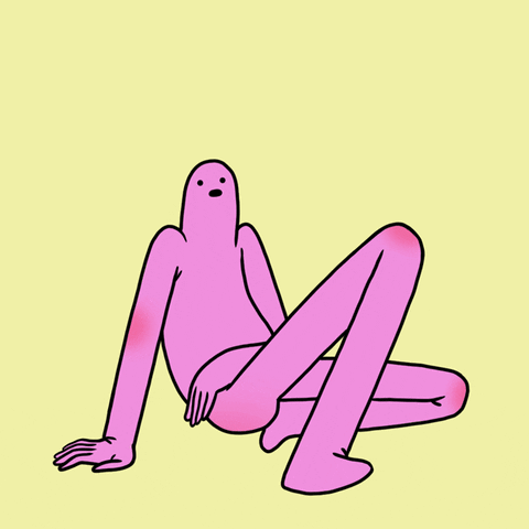 Cartoon gif. A perfect loop of a pink character sitting in an awkward position on the floor, leaning on a hand, with one knee up, looking at us blankly. Then a giant hand comes out and into its mouth, giving a thumbs down.