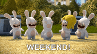 Video game gif. Five Rabbids from Mario, one wearing a blonde wig, dance happily outside. Text, "Weekend!"