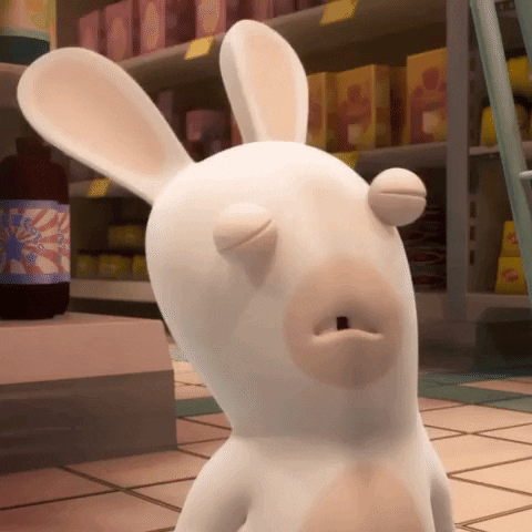 Digital art gif. A 3D rendering of a tired, yawning Rabbit in a grocery store.