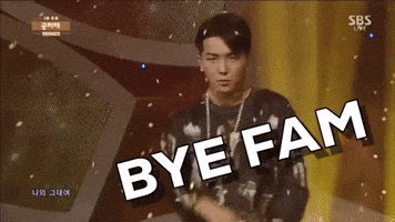 Celebrity gif. Mino from Winner, a Korean pop group. He's dancing on stage and he uses his hand to wave side to side. Text, "Bye Fam."