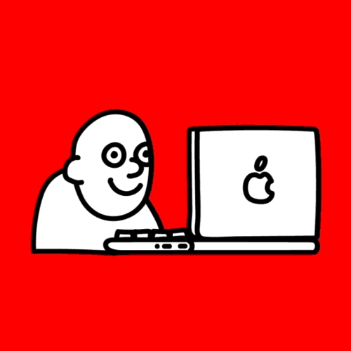 Illustrated gif. Man smiles while staring at his MacBook screen, when a pink tattooed fist comes out of the screen and punches him in the face.
