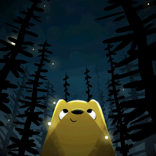 Cartoon gif. Yellow bear looks up toward the night sky as fireflies dance around the softly rocking trees in the wind in an infinite loop.