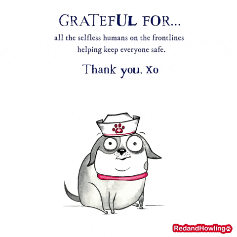 Illustrated gif. A gray and white dog wears a pink collar around its chubby neck and a white nurse's hat with a pink paw print insignia. Its wide-eyes beam as it wags its skinny tail. Text, "Grateful for... all the selfless humans on the frontlines helping keep everyone safe. Thank you, XO."