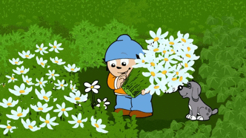 Kreslený pohyblivý gif s chlapečkem trhajícím bílé květiny s pejskem, který k nim čichá.