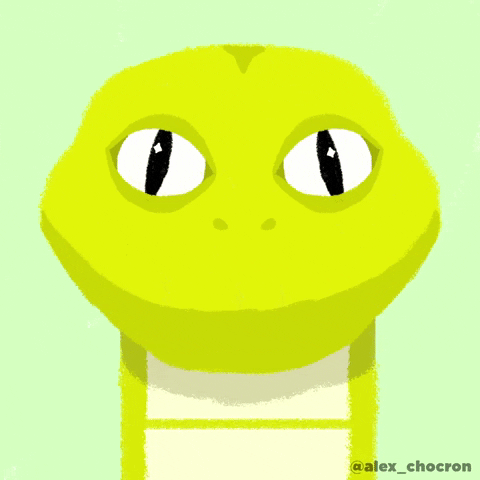Digital art gif. Green snake looks directly at us and sticks its thin, red tongue out. Its eyes turn into black dices that roll around, hypnotizing us.