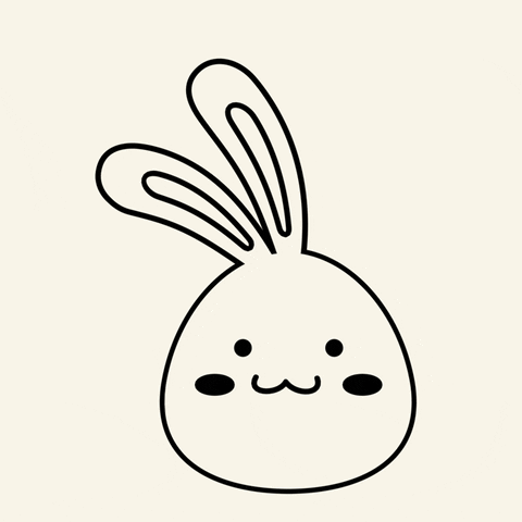 Illustration gif. Line drawing of a round bunny, smiling and reaching up to wave, as its ears flop to the side.