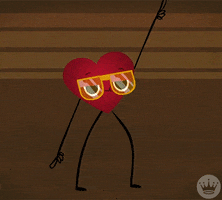 Illustrated gif. An anthropomorphic heart with groovy, oversized glasses dances The Disco Finger back and forth with confidence.