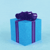 Video gif. A blue present with a purple ribbon wraps itself then unwraps itself to reveal a red floating heart in the middle.