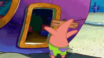 SpongeBob gif. A horizontal wooden plank nailed to Patrick's forehead is keeping him from entering a doorway, but he just keeps on trying.