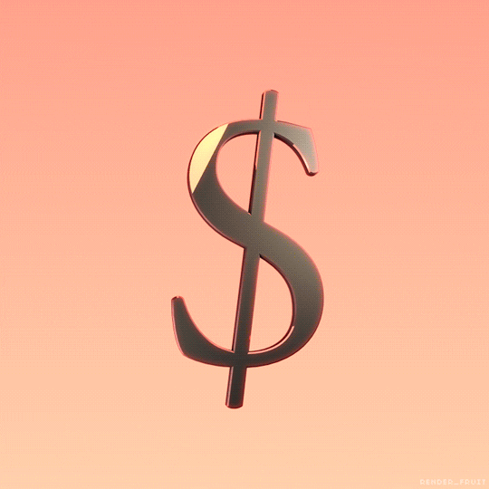 Digital art gif. A golden United States dollar sign spins around in a sunset colored background. The dollar sign glistens as it turns.