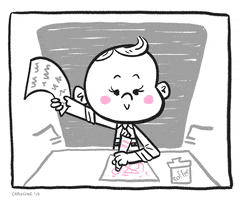 Illustrated gif. Baby wearing a suit and tie sits in a big office chair drawing scribbles on a paper, and waving a paper in the older hand.