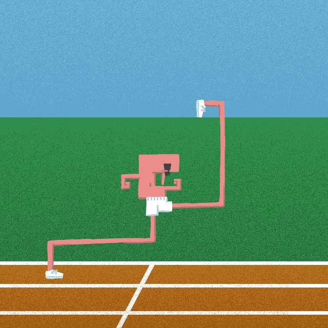 Digital art gif. Bobbing his head with each step, a block-shaped man in sunglasses wearing nothing but a pair of white shorts and white sneakers runs endlessly on a track. His legs are so long that each step clears a section of track.