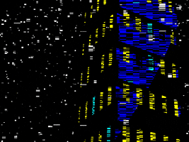 Digital gif. We continuously move up the side of a pixelated 3D skyscraper that glows against a black sky as snow falls around it.
