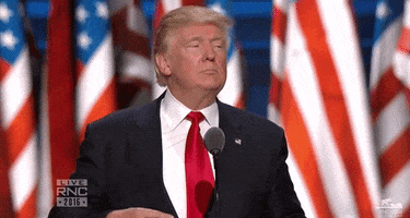 Political gif. Donald Trump stands at the podium at The Republican National Convention in 2016. He holds two sides of his suit jacket and shakes them to straighten them out as he looks down at the crowd.