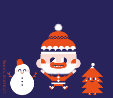 Cartoon gif. Santa Claus in a holiday beanie leaps in excitement as merry snowman and a cheerful Christmas tree dance beside him.  