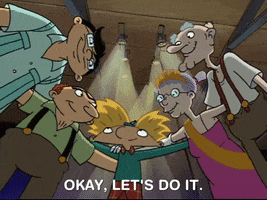 Cartoon gif. We look up at Arnold in Hey Arnold as he stands in a semicircle with Grandpa Phil, Gertie, Ernie, and Mr. Hyunh. They wrap their arms around each other, then each bring their palms together as they say, "Ok, let's do it."