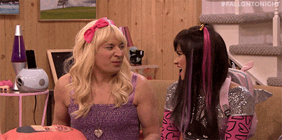 Tonight Show gif. Jimmy Fallon and Demi Lovato are both dressed like teen girls, looking at each other and shouting with disgust, "ew!"