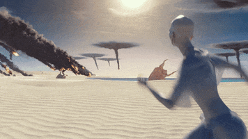 Movie gif. Cara Delevingne as Laureline and Valerian and the City of a Thousand Planets runs, passing an alien desert warzone, shielding her eyes from light.