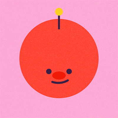 Illustrated gif. Wick sways on top of a crimson red bomb with a smiley face before it abruptly explodes in a rapid series of colorful shapes.