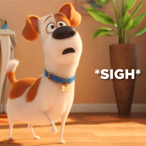 Movie gif. Max the dog from Secret Life of Pets stands at attention with one front paw off the floor, his ears perked up, and an alert expression before sighing, dropping his paw and shoulders and looking at the floor. Text, "Sigh" between two asterisks. 