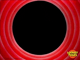 Cartoon gif. The classic ending to a Looney Tunes cartoon: a big red circle with the cursive text "That's all, folks!" slowly written out across it.