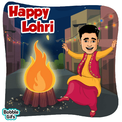 Digital art gif. Person in festive Punjabi clothes next to a Lohri bonfire. The background is a street with buildings decorated in multicolored string lights. Red text with a white outline above the bonfire reads “Happy Lohri.”