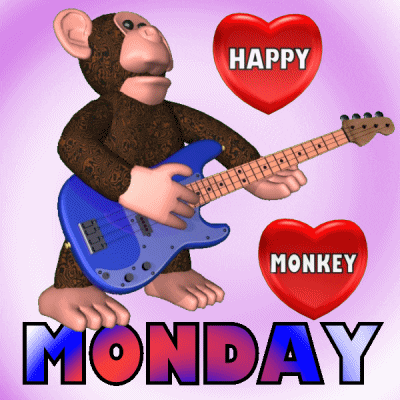 Digital art gif. A stuffed monkey with an electric guitar, rocks back and forth stiffly, singing and playing, surrounded by spinning hearts that say, “Happy" and "Monkey,” over undulating rainbow text that reads, “Monday.”