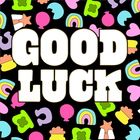 Illustrated gif. Lucky Charms marshmallows (balloons, rainbows, shooting stars, horseshoes, hearts, moons, pots of gold, and leprechaun hats) wiggle around. Big white text that says, “Good Luck” zooms in and out. 