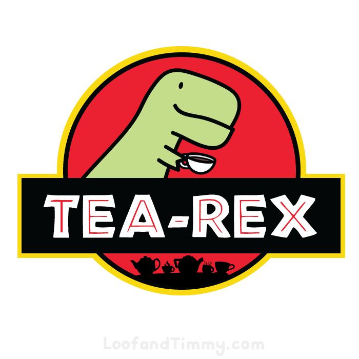 Cartoon gif. A logo in the style of the Jurassic Park logo. There is a t-rex holding a cup of tea which it waves over top of the banner. Below the banner are a few tea cups and tea pots. The banner reads, "Tea-Rex," spelled like the drink. 