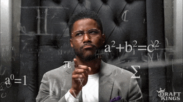 Ad gif. From a DraftKings ad, Nate Burleson ponders something as we see several complicated equations floating around his head. We zoom in on his eyes as he considers, raising his eyebrows.