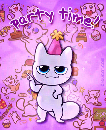 Gif k svátku s kreslenou tancující kočkou s narozeninovou čepičkou a nápisem "party time!". 