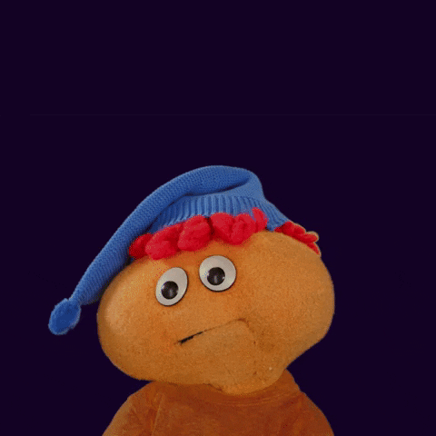 Cartoon gif. Gilbert the puppet is wearing a sleep cap and he eagerly says, "Good night!" to us.