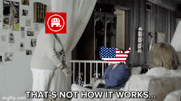 Meme gif. Three older women gather in a living room, two of them standing and looking at each other exasperatedly. The two standing women are labeled with a map of the United States and the other with the Republican Party's logo. Text, "That's not how this works. That's not how any of this works!"