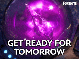 Sponsored gif. A zero point crystal shard from Fortnite glows purple from the center of an orb while blue lights flash around it. The Fortnite logo is in the upper right corner. Text reads: "Get ready for tomorrow" 