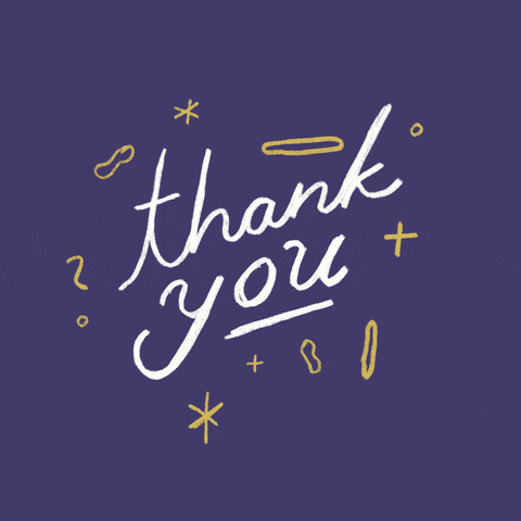 Text gif. Surrounded in gold sparkles is the handwritten message, “Thank you.”
