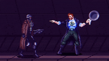 Movie art. From "Cyborg: Deadly Machine," old-school video game-style sequence showing Alex slicing a cyborg in half.