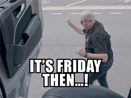 Video gif. Filmed from a truck with the door open, a man in a black shirt and jeans is dancing jauntily. Text, "it's Friday then...!"