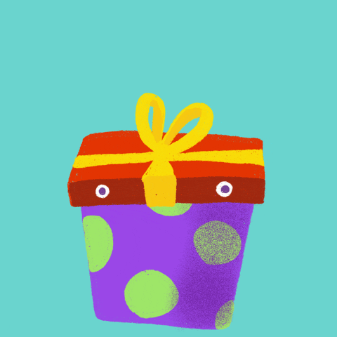 Kreslené gif přání k svátku s dárkem s mašlí, z něhož vychází srdíčka. 