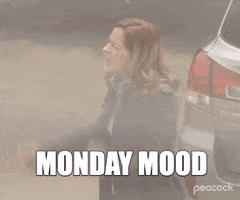The Office gif. Jenna Fischer as Pam stands in a parking lot and throws down her fists as she screams into the air. Text, "Monday Mood."
