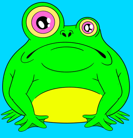 Cartoon gif. A large green frog with bulging eyes and a heavy frown gazes ahead nervously.  